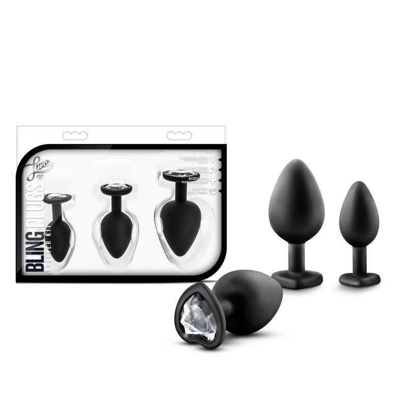 Luxe Bling Plugs Training Kit Black With Clear Gems - 3 sizes of anal plugs for beginners and comfortable training.