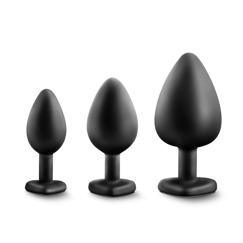 Luxe Bling Plugs Training Kit Black With Clear Gems featuring three tapered anal plugs in small, medium, and large sizes.