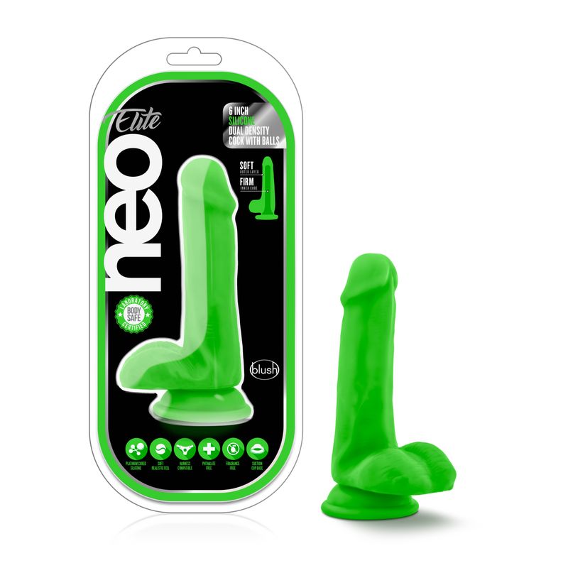 Neo Elite 6 inch silicone dual density dildo in bright neon green packaging with suction cup base.