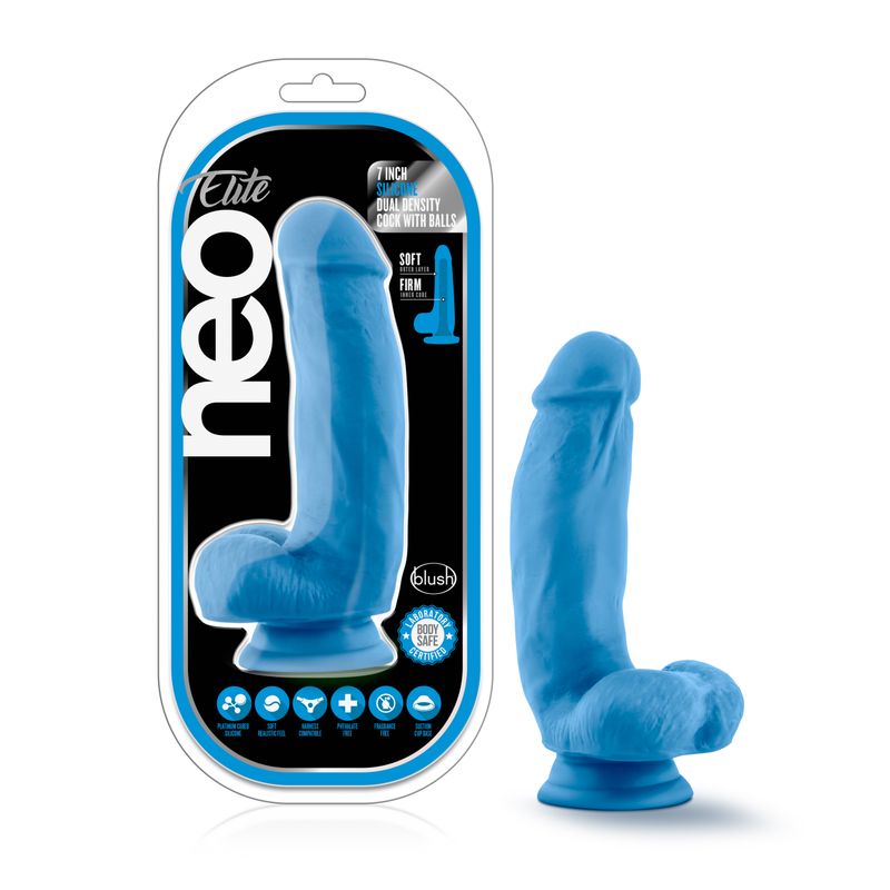 Neo Elite 7 inch silicone dual density dildo in neon blue packaging with suction cup base.