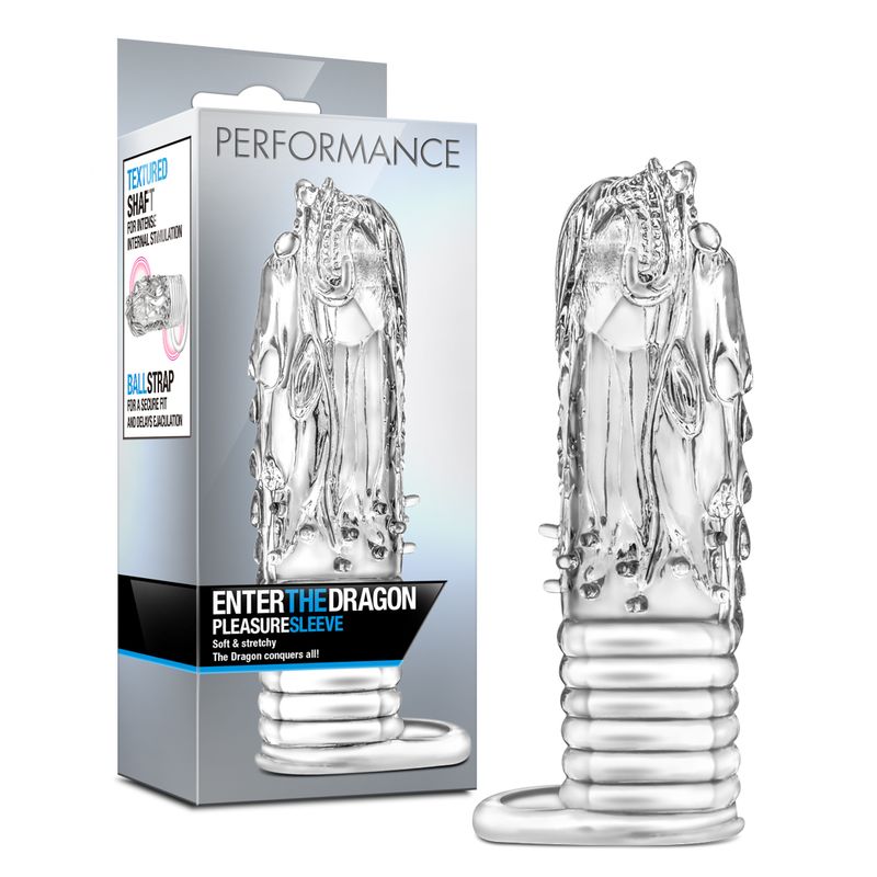Performance Enter The Dragon Clear sleeve packaged with ball strap for enhanced sensations and pleasure.