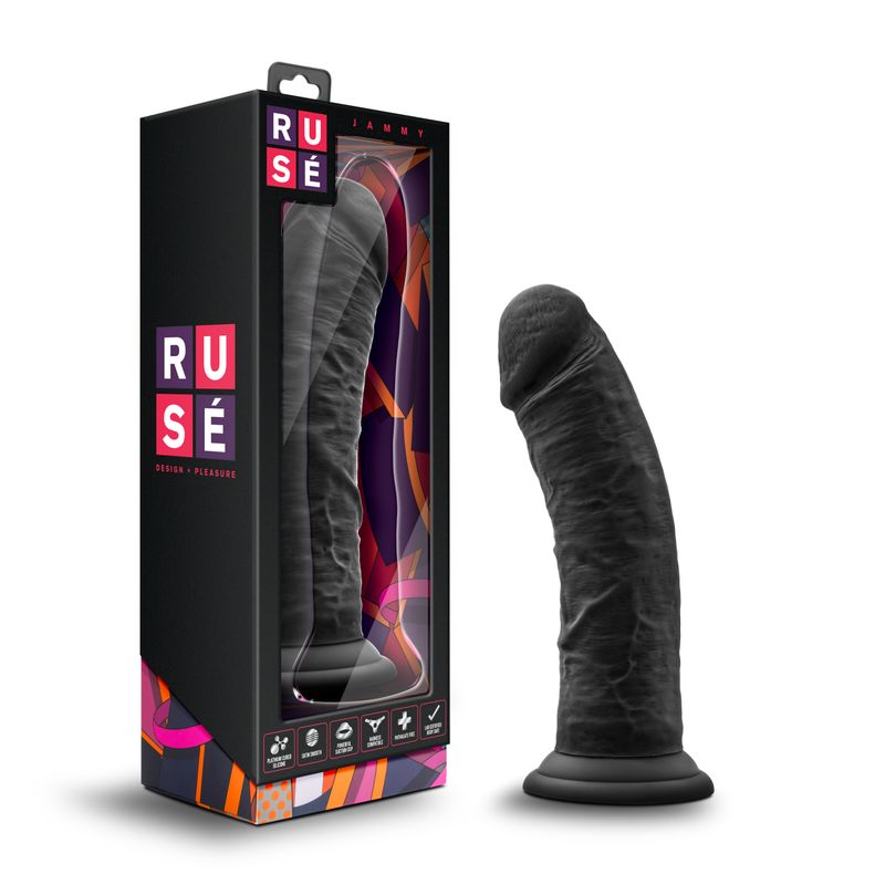 Ruse Jammy black curved silicone dildo with a suction cup base in its packaging.