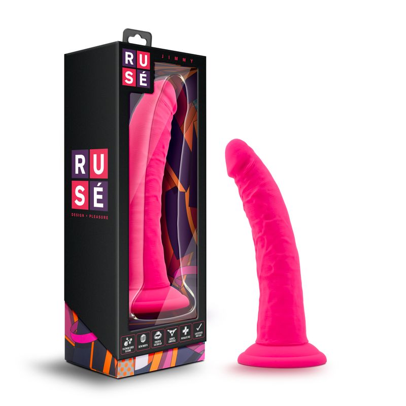 Ruse Jimmy hot pink dildo in packaging, showcasing sleek design and suction cup base for versatile use.