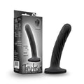 Temptasia Twist Medium sex toy displayed with its packaging, featuring a sleek black design and unique swirling texture.