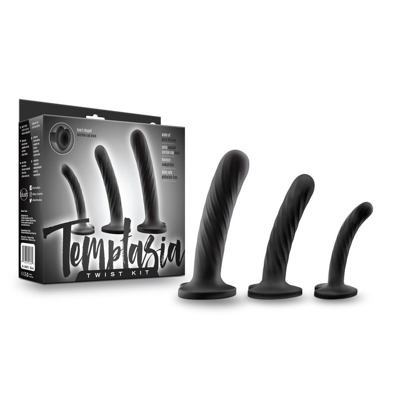 Temptasia Twist Kit Set of Three with swirling texture dildos for G-spot and anal stimulation, perfect intimate essentials for her.