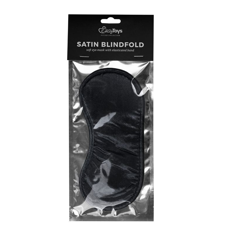 Black Satin Eye Mask in packaging, a soft eye mask designed for intimate moments and sensory play.