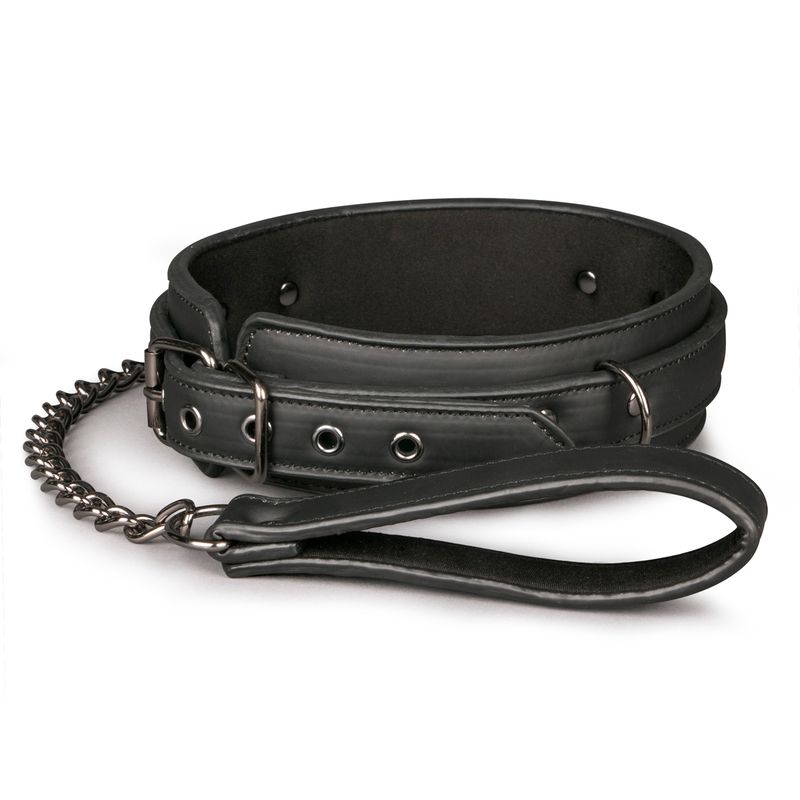 Fetish collar With Leash made of sturdy faux leather with chain attachment for bondage play.