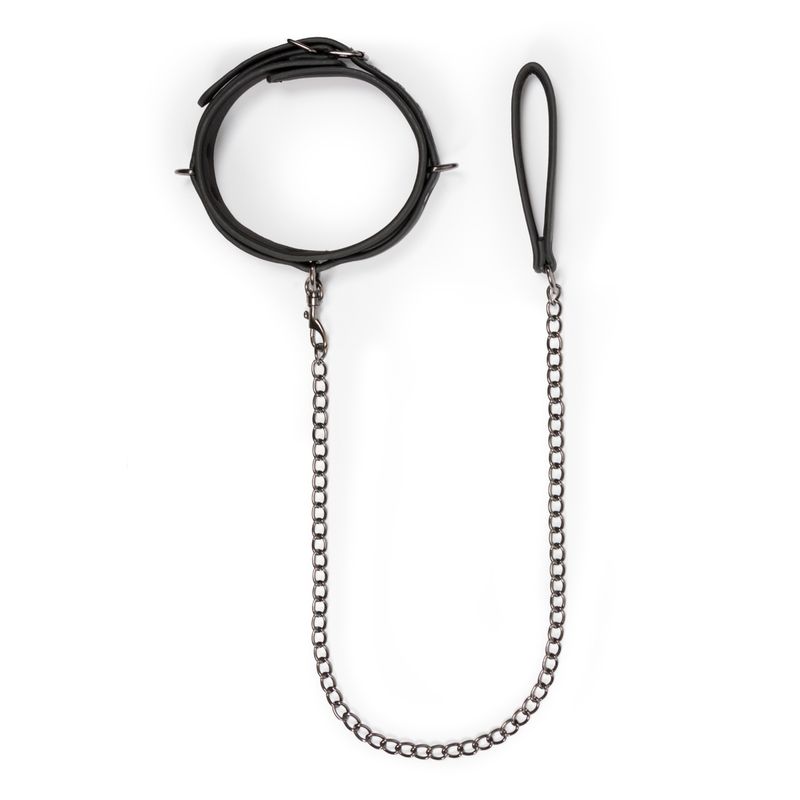 Fetish collar With Leash made of metal and faux leather, adjustable for comfortable bondage play.