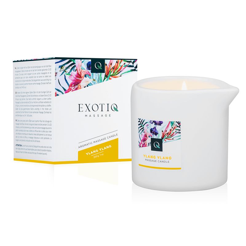 Exotiq Massage Candle Ylang Ylang 200g in a white container with colorful packaging for intimate relaxation.