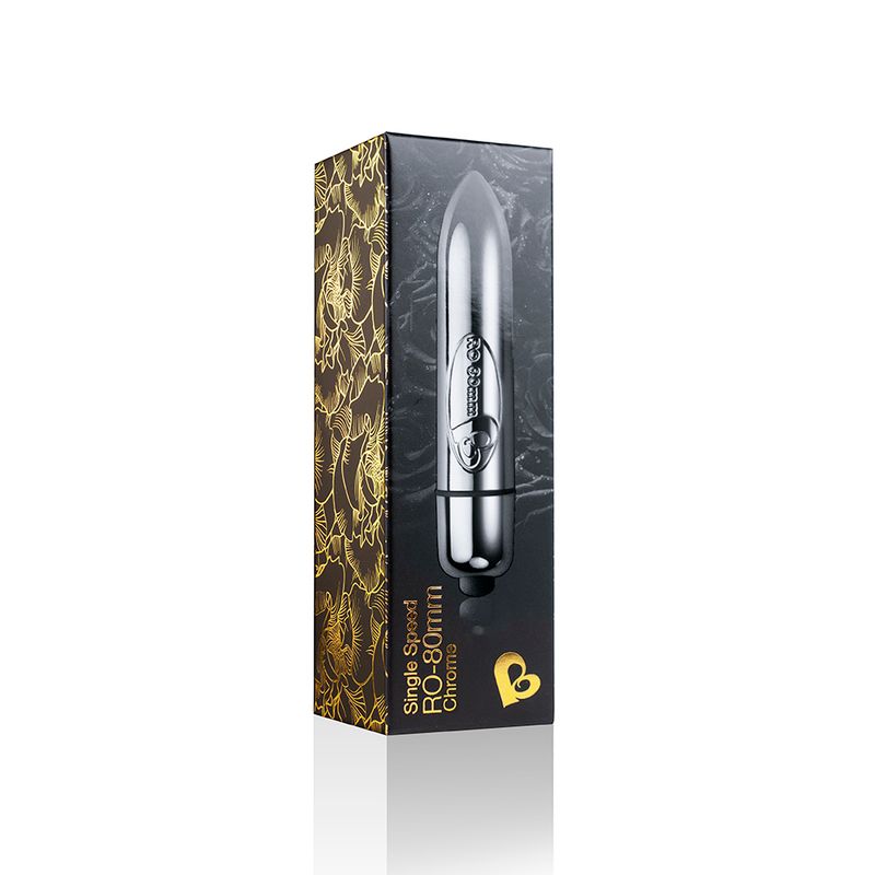 RO-80 single speed bullet in sleek chrome packaging showcasing elegant design for precision stimulation.