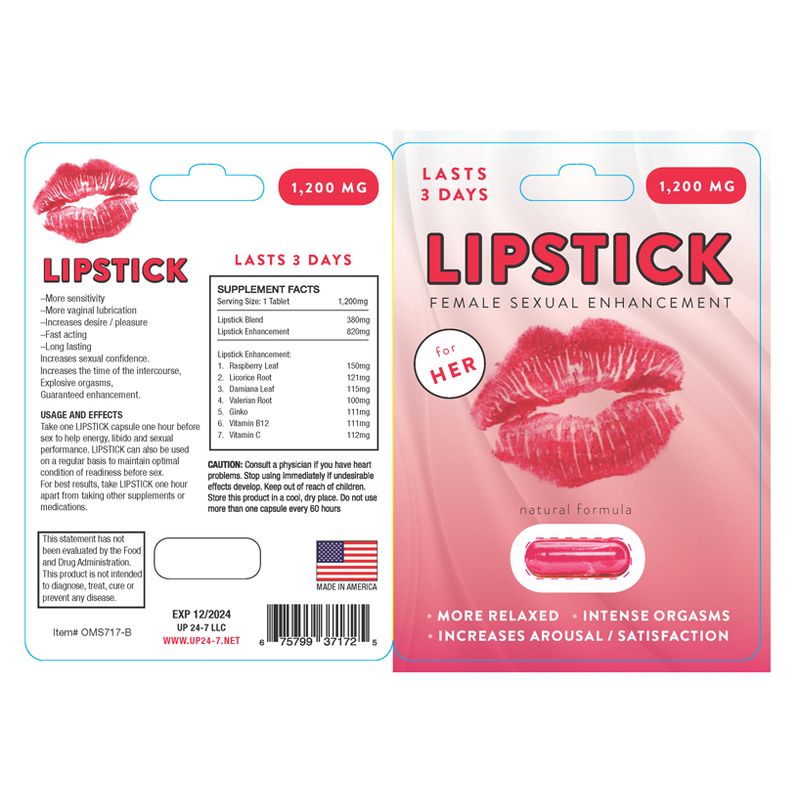 Lipstick Female Libido Single Pill packaging for female sexual enhancement, showcasing supplement facts and benefits.