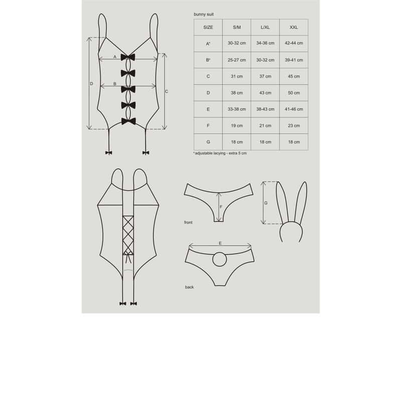 Bunny Suit 4 Pc Costume size chart with adjustable straps, front and back designs, and bunny ears.