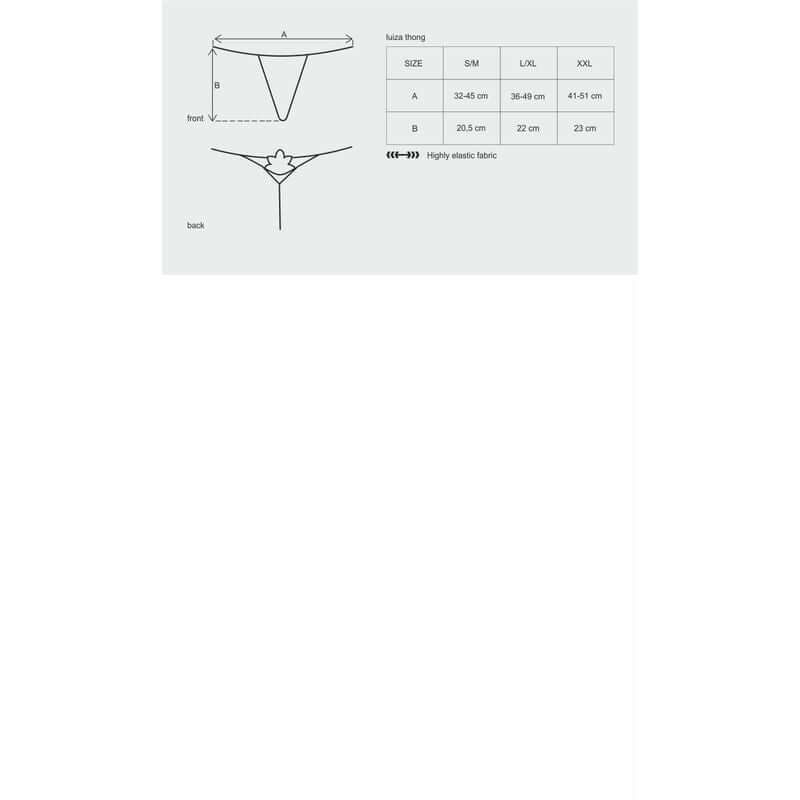 Luiza Thong Red size chart showing measurements and elasticity, perfect intimate essentials for her.
