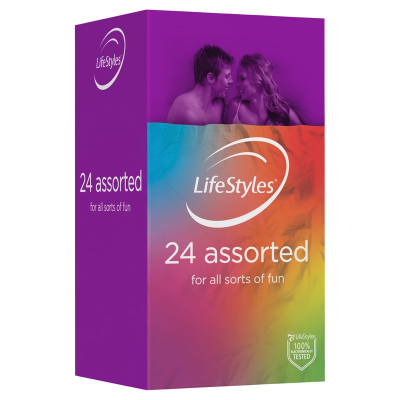 LifeStyles Assorted Condoms 20 packaging showcasing lubricated condoms for intimate essentials and fun.
