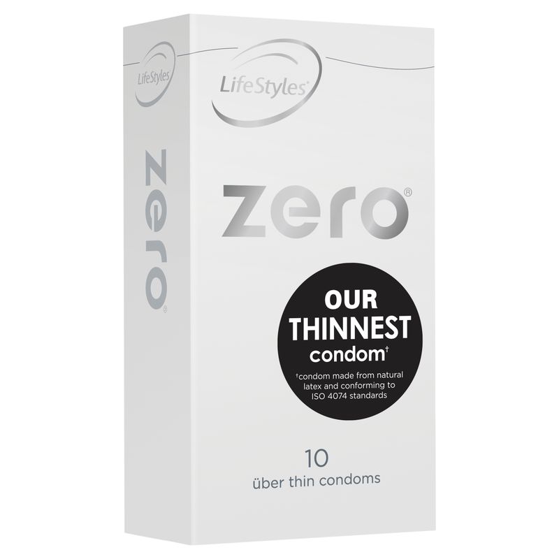 LifeStyles Zero 10 thinnest condoms box featuring uber thin technology for enhanced sensitivity.