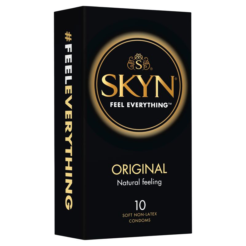 SKYN Original Condoms 10 Pc box featuring soft non-latex material for intimate essentials, promoting a natural experience.