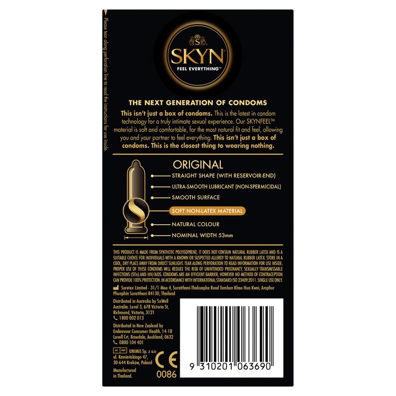 SKYN Original Condoms 10 Pc. package featuring next generation condom technology for intimate essentials.