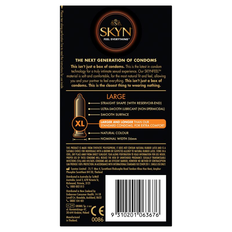 SKYN Large Condoms box showing next generation technology for large condoms for intimate experience.