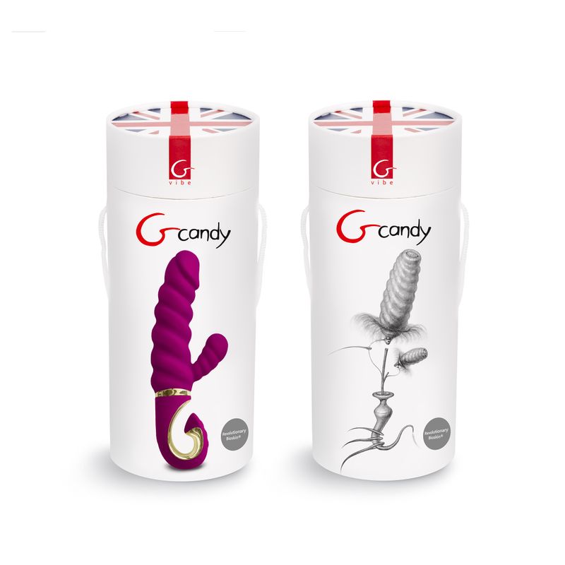 Gcandy dual motor g-spot vibrator packaging showcasing vivid design and features for enhanced stimulation.