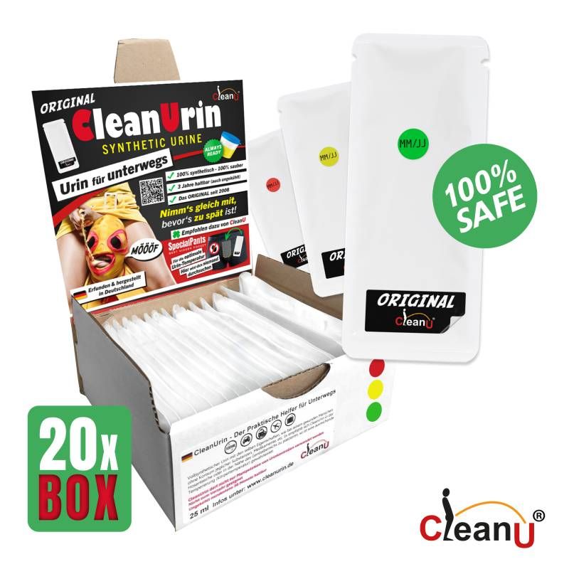 CleanUrin synthetic urine for discreet use in a 20-pack box, ideal for convenient and safe applications.