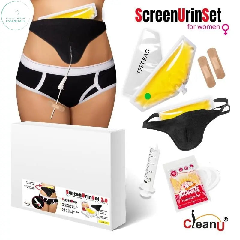 Portable urine tube system for women showcased with accessories, including the ScreenUrin set and related components.