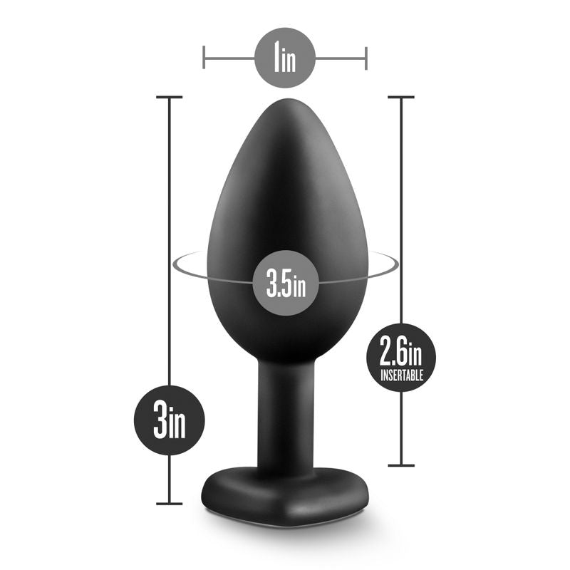 Temptasia bling anal plug dimensions showing 1in width, 3.5in height, and 2.6in insertable length.