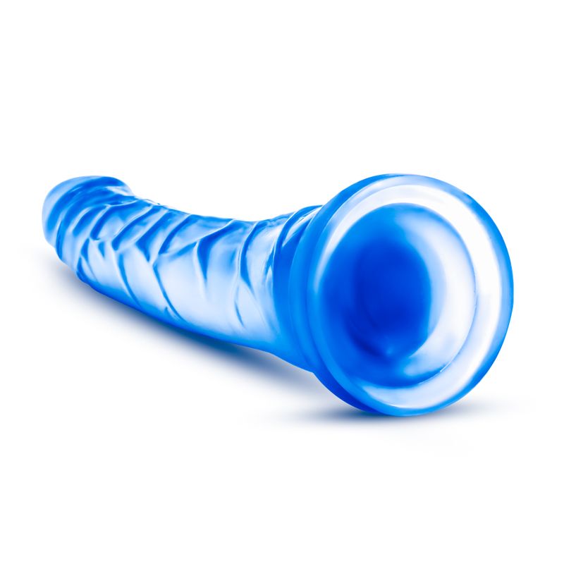Realistic suction cup dildo in blue with a textured surface and sturdy base for enhanced pleasure.