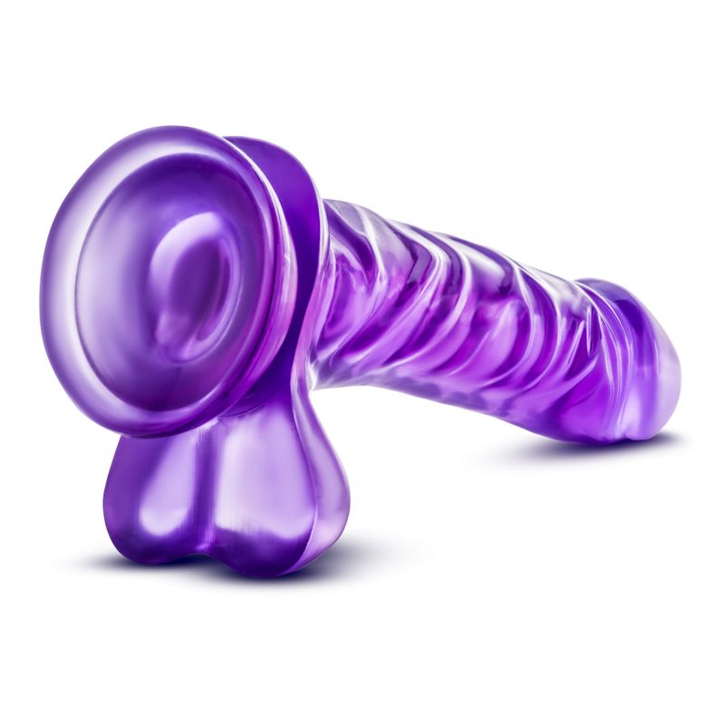 B Yours Basic 8 Purple realistic dildo for beginners on a white background, highlighting its prominent head.