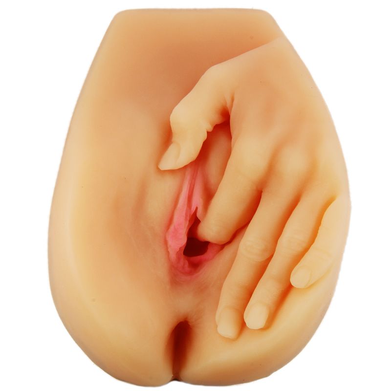 Realistic male masturbation sleeve featuring detailed vaginal entry and hand positioning.