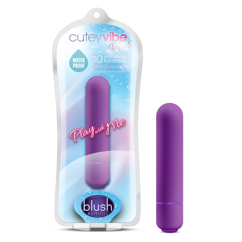 Play with Me Cutey Vibe Plus purple compact bullet vibrator with 10 vibrating functions and waterproof design.