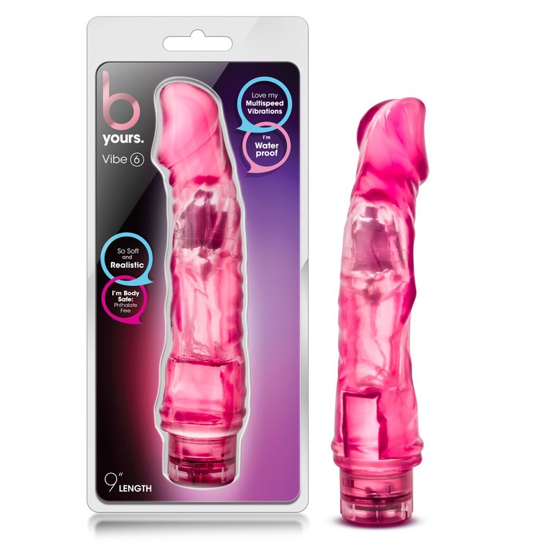 B Yours Vibe 6 Pink realistic waterproof vibrator in packaging, showcasing its 9-inch length and soft design.