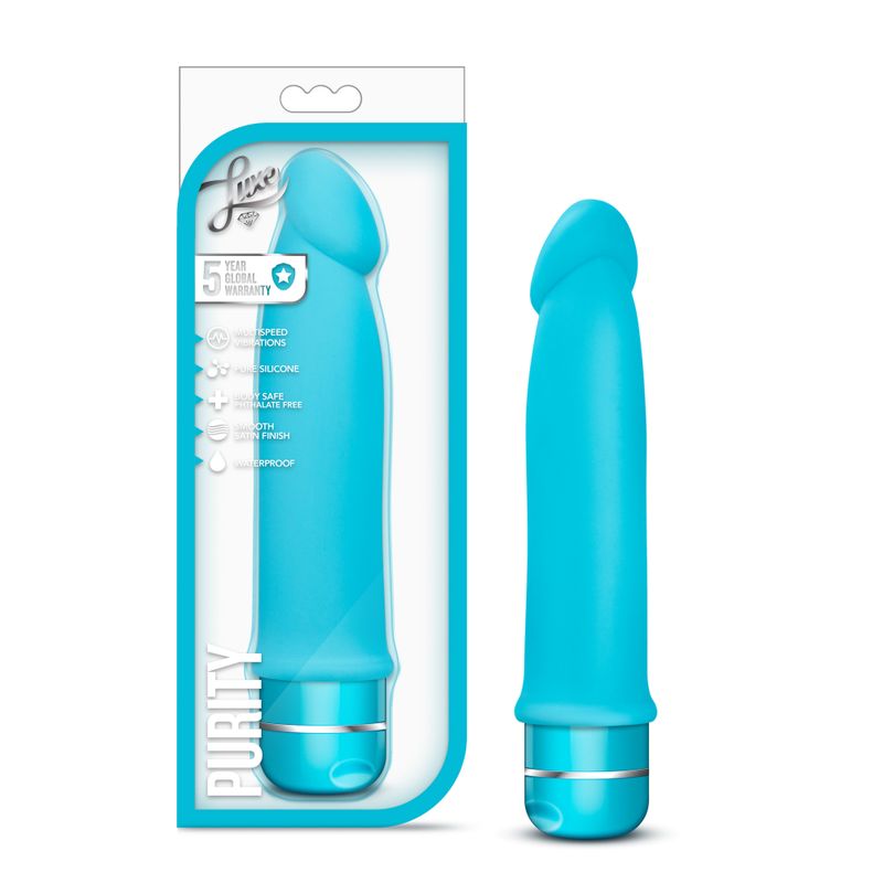Luxe Purity Blue silicone erotic massager in packaging, featuring a smooth texture for sensual pleasure.