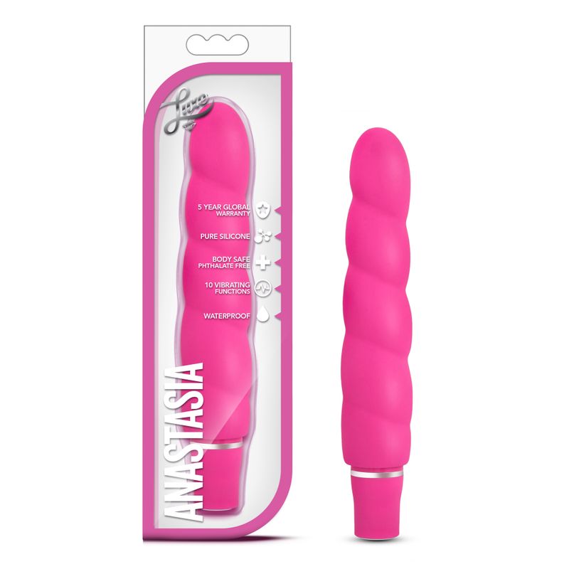 Luxe Anastasia vibrator in pink packaging showcasing its satin finish and 10 vibrating functions.