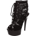 Black Lace Open Toe Platform Ankle Bootie 6in Heel featuring lace and leather details, perfect for intimate essentials.