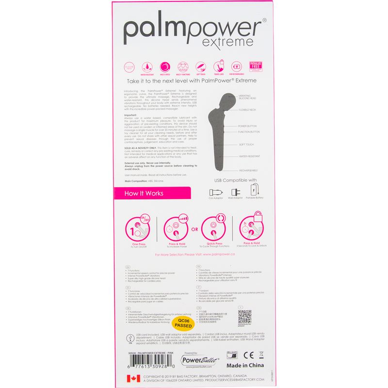 Instructions for use of PalmPower Extreme Pink, a powerful silicone wand for enhanced pleasure.