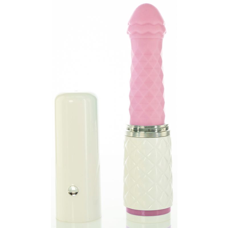 Thrusting vibrator Pillow Talk Feisty in pink with diamond pattern handle and removable cap.
