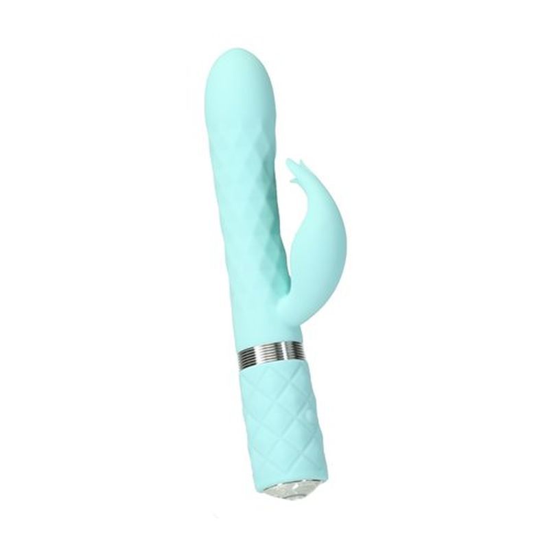 Lively teal dual-motor vibrator for G-spot stimulation with curved shaft and clitoral attachment.