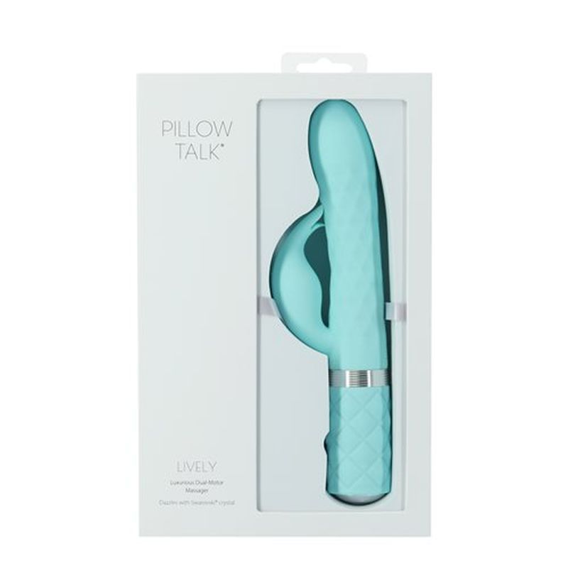 Pillow Talk Lively teal dual-motor vibrator for G-spot stimulation in elegant packaging.