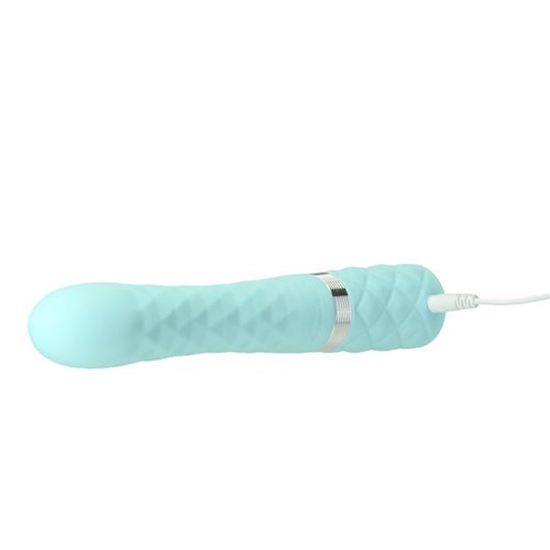 Pillow Talk Lively teal dual-motor vibrator for G-spot stimulation with a textured design and charging cord.