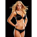Model showcasing a stylish rhinestone body chain over black lingerie, adding glamour and elegance.