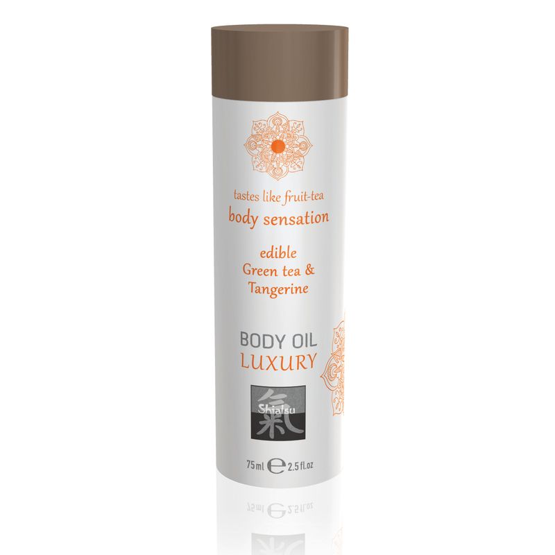 Shiatsu Luxury Body Oil Edible Green Tea and Tangerine pack featuring stylish design for sensual experiences.