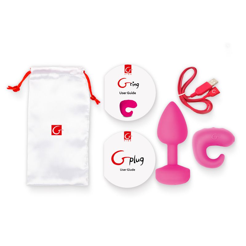 Gvibe pleasure kit containing Gplug, Gring, USB cable, and user guides in a storage pouch.