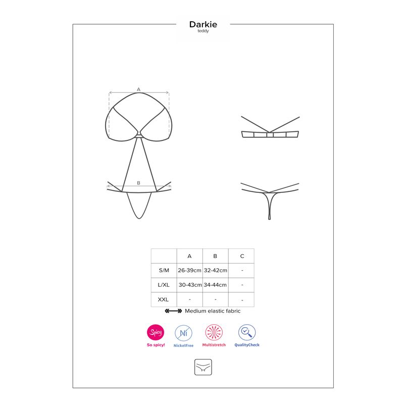 Sizing guide for Darkie Crotchless Teddy with measurements for various sizes and fabric details.