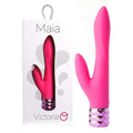 Maia Victoria USB Rechargeable rabbit vibrator in pink packaging, showcasing luxury design and dual vibration points.