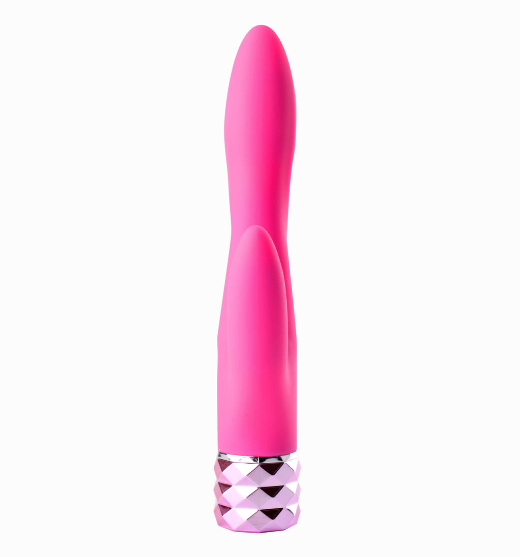 USB rechargeable rabbit vibrator in vibrant pink with diamond cut handle, 10-function dual vibration design.