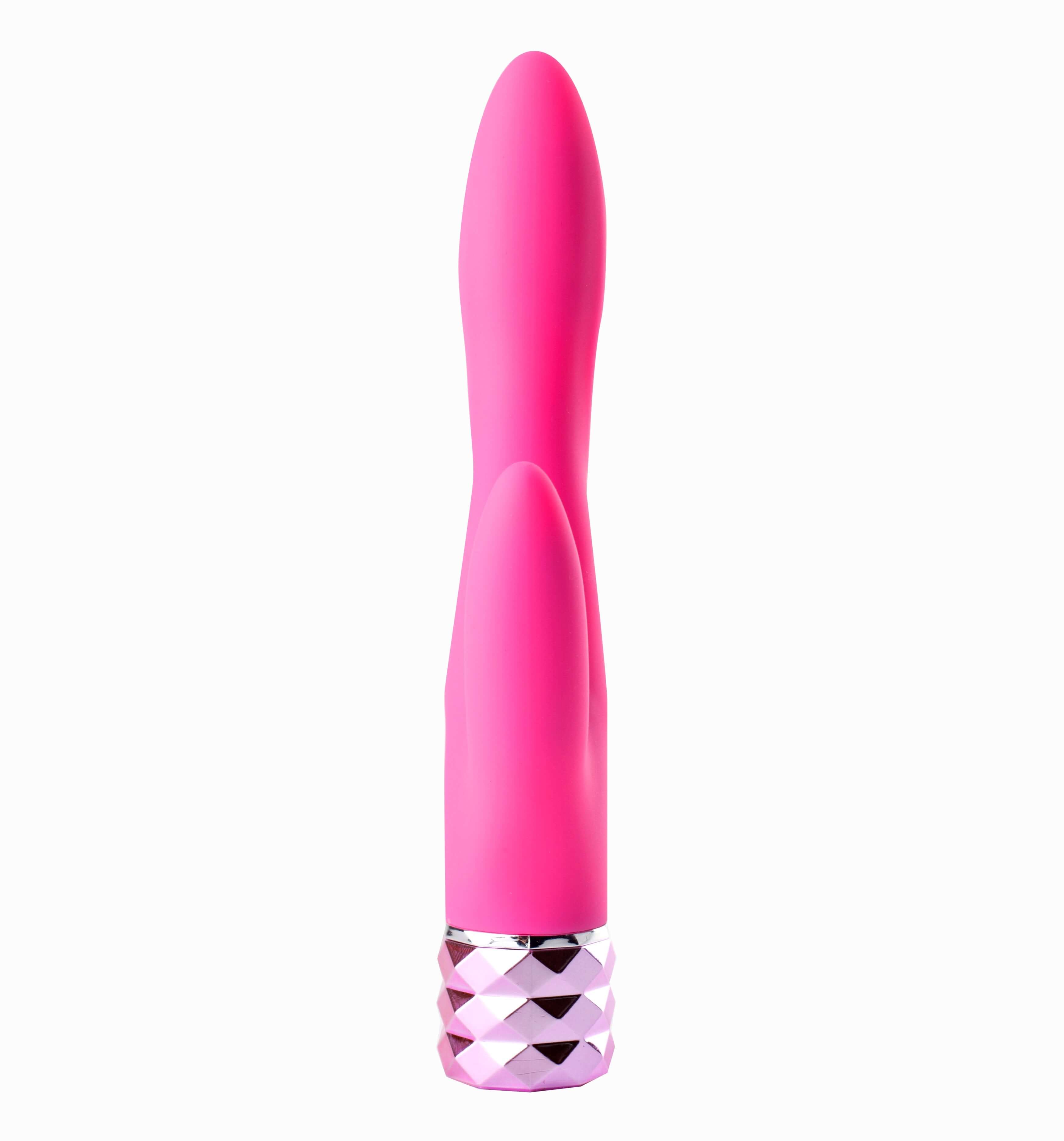 USB rechargeable rabbit vibrator in vibrant pink with diamond cut handle, 10-function dual vibration design.