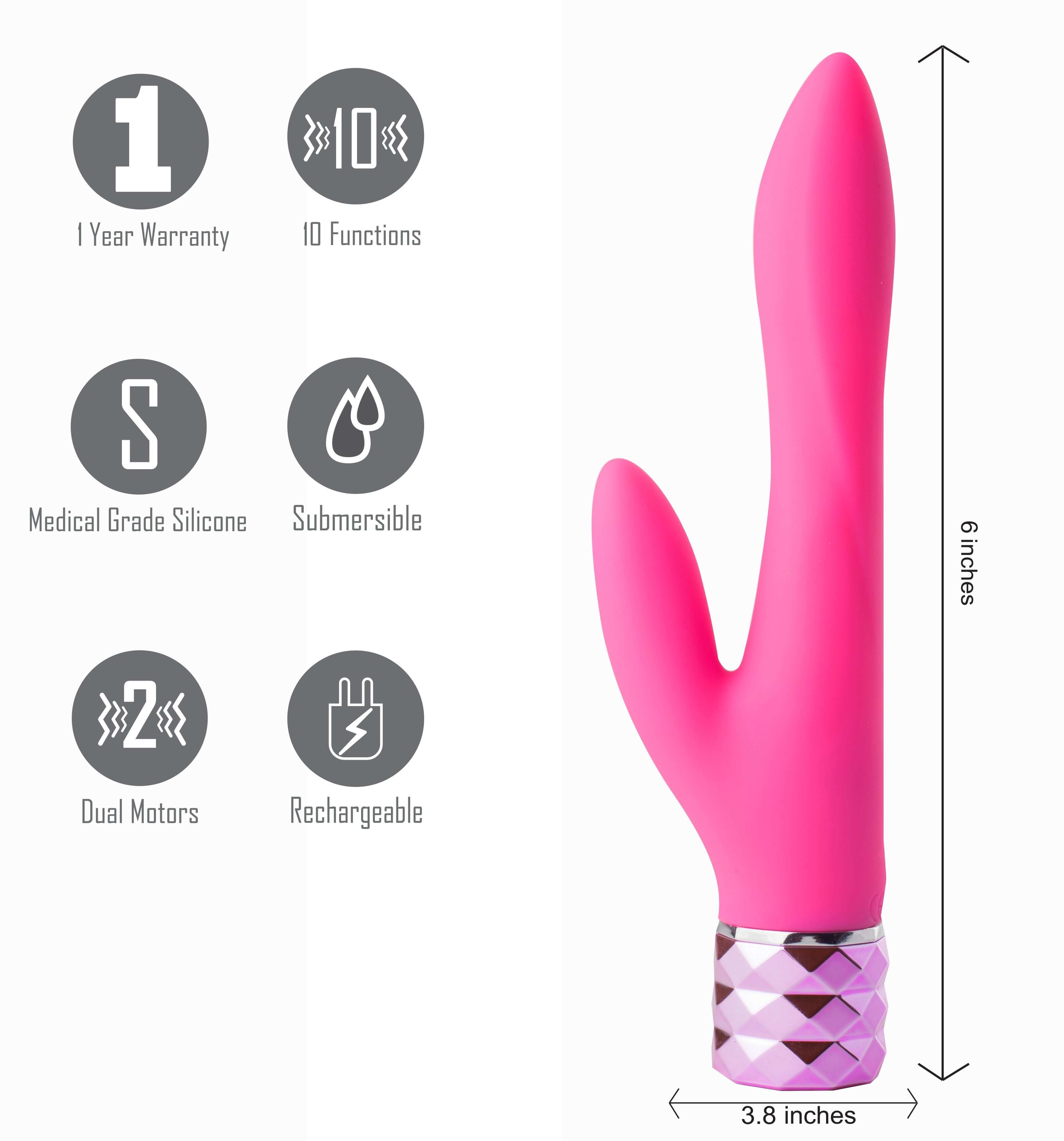 Maia Victoria 15.2 cm USB rechargeable rabbit vibrator in pink with diamond cut handle, featuring 10 functions and dual motors.