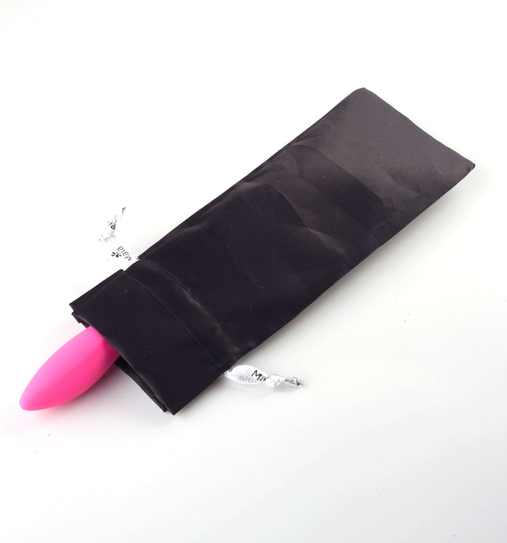 USB rechargeable rabbit vibrator in a black storage pouch, showcasing a sleek pink design.
