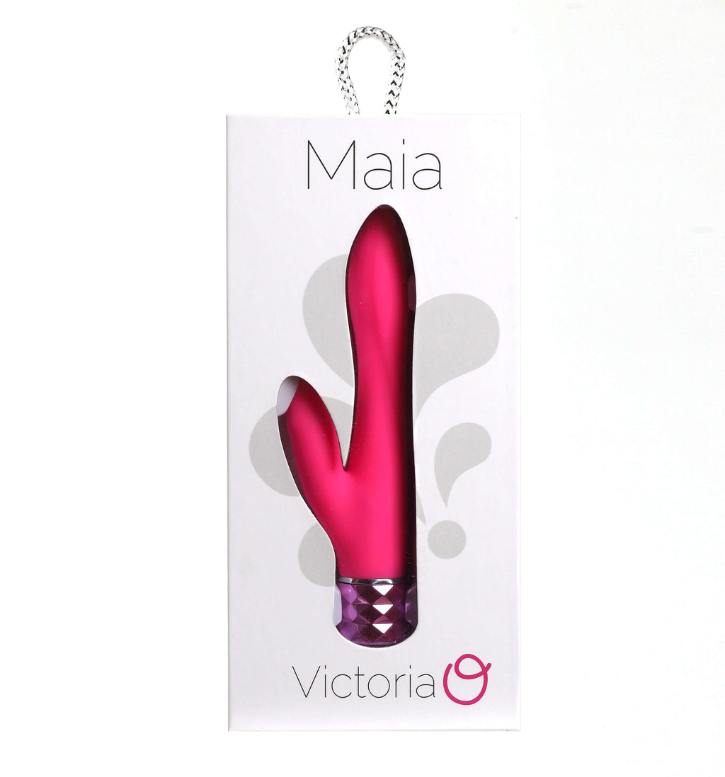 Maia Victoria - 15.2 cm USB rechargeable rabbit vibrator in pink packaging with diamond cut handle.