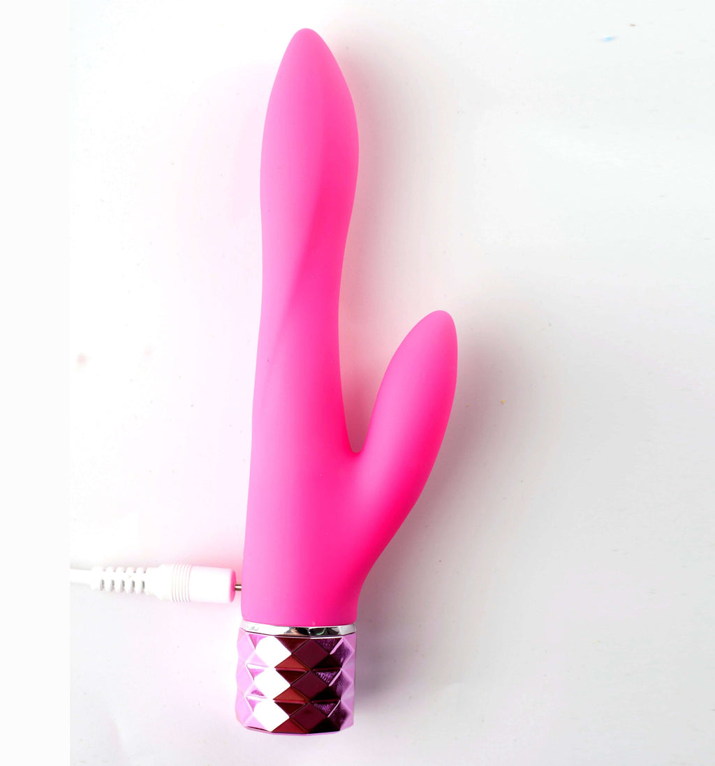 Maia Victoria - 15.2 cm USB Rechargeable Rabbit Vibrator in pink silicone with diamond cut handle cap.